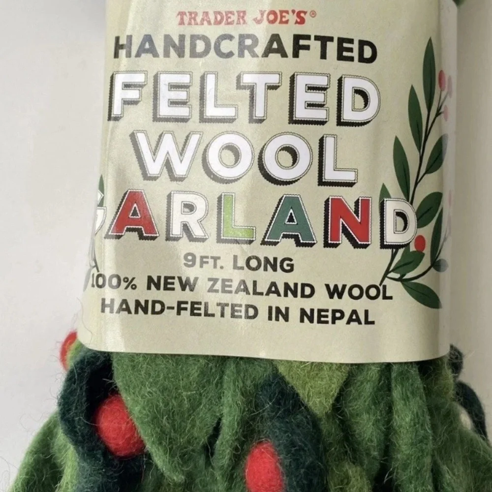 Trader Joe’s Felted Wool Handcrafted Garland Red White Green 9ft Christmas - Picture 2 of 3